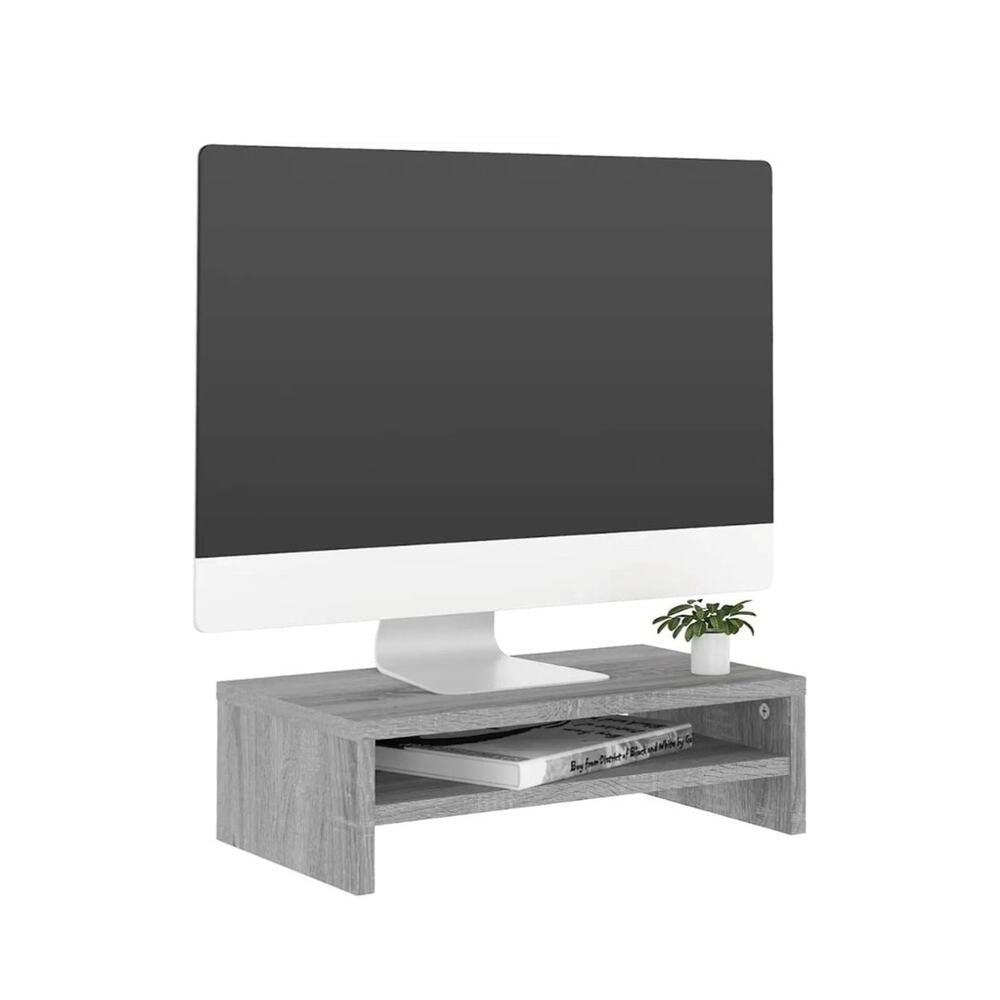 2 Tier Computer Monitor Stand 19.7in Gray Woodgrain Desk Riser Shelf Organizer